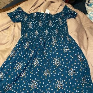 blue floral off shoulder dress